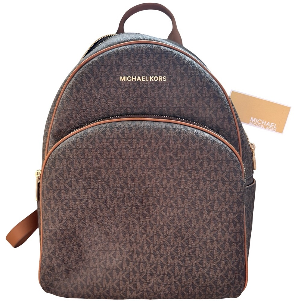 NWT Michael Kors Abbey Signature Brown/Acorn Backpack with Gold Accents (Large)
